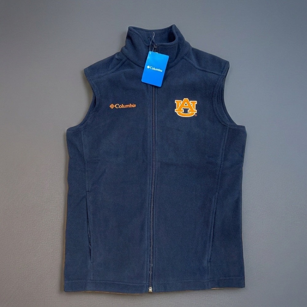 NWT Columbia Men's Auburn Tigers Flanker Fleece Vest Navy Blue Full Zip Small